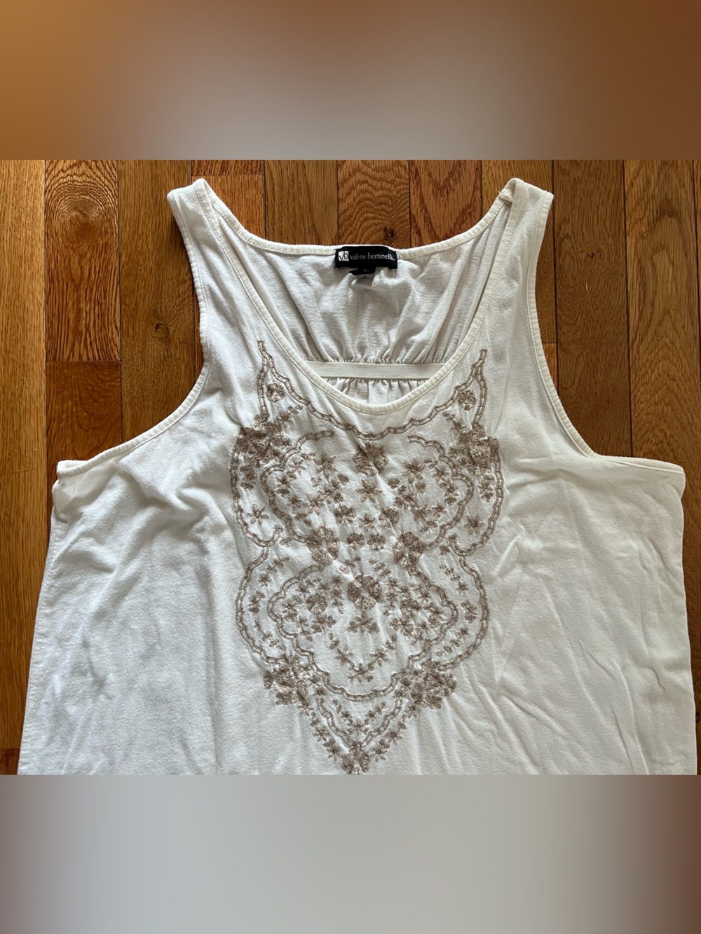 Valerie Bertinelli Sz XL Ivory A-line Tank Top w/Beige Embroidered Front Racerba - Picture 3 of 5